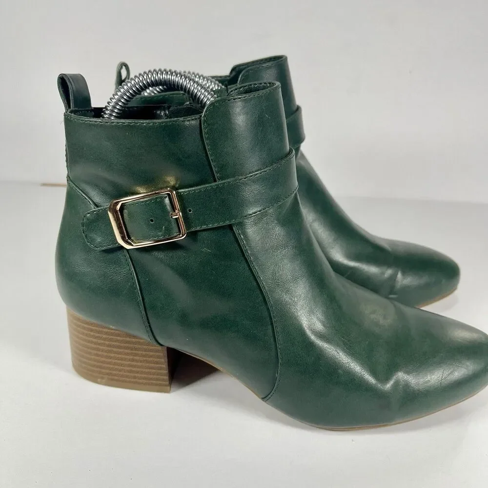 Charter Club Katiaa Green Ankle Boots Size 8.5M Gold Buckle Block Heel